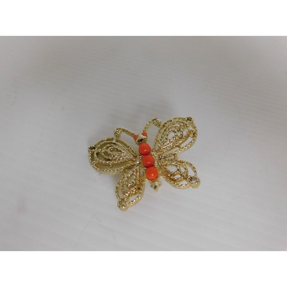 Small Vintage Gold and Orange Butterfly Brooch Pin